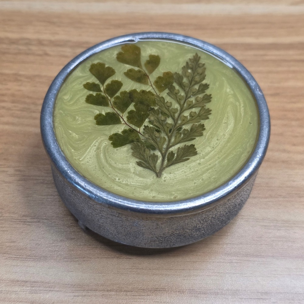 Vintage Pewter Footed Trinket Box Pressed Fern In Resin Lid